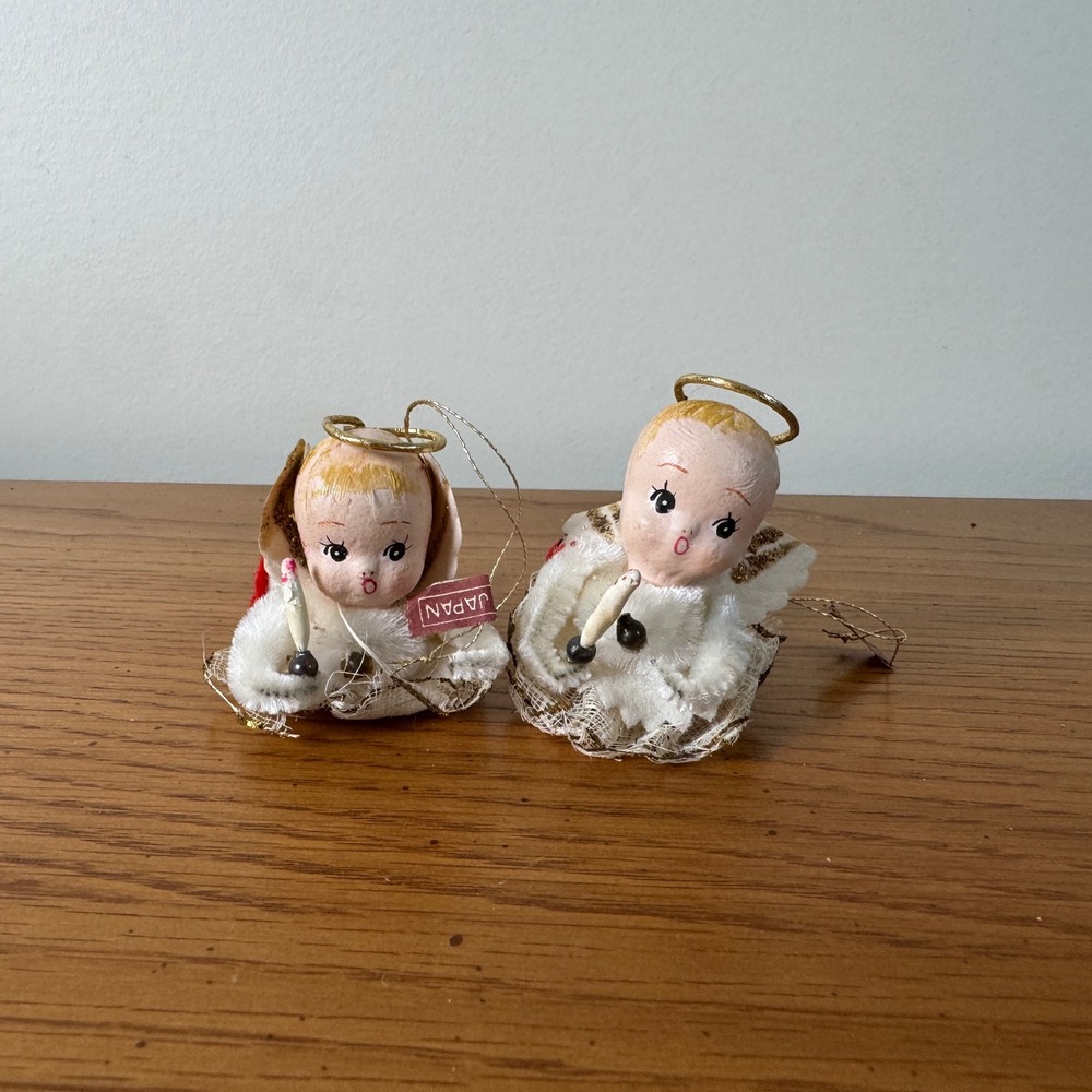 Vintage Japan Angel Cherub Christmas Ornaments Set of 2 Felt Wings Candle Halo